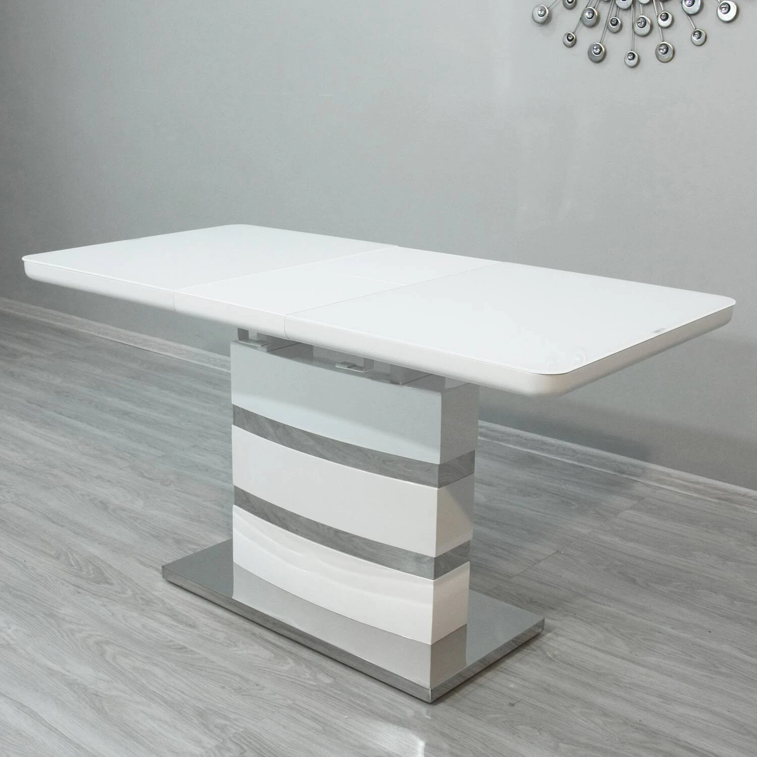 Стіл обідній розкладний KT-115-2 Montana mini white gloss (вставка скло) 110-150x70x76