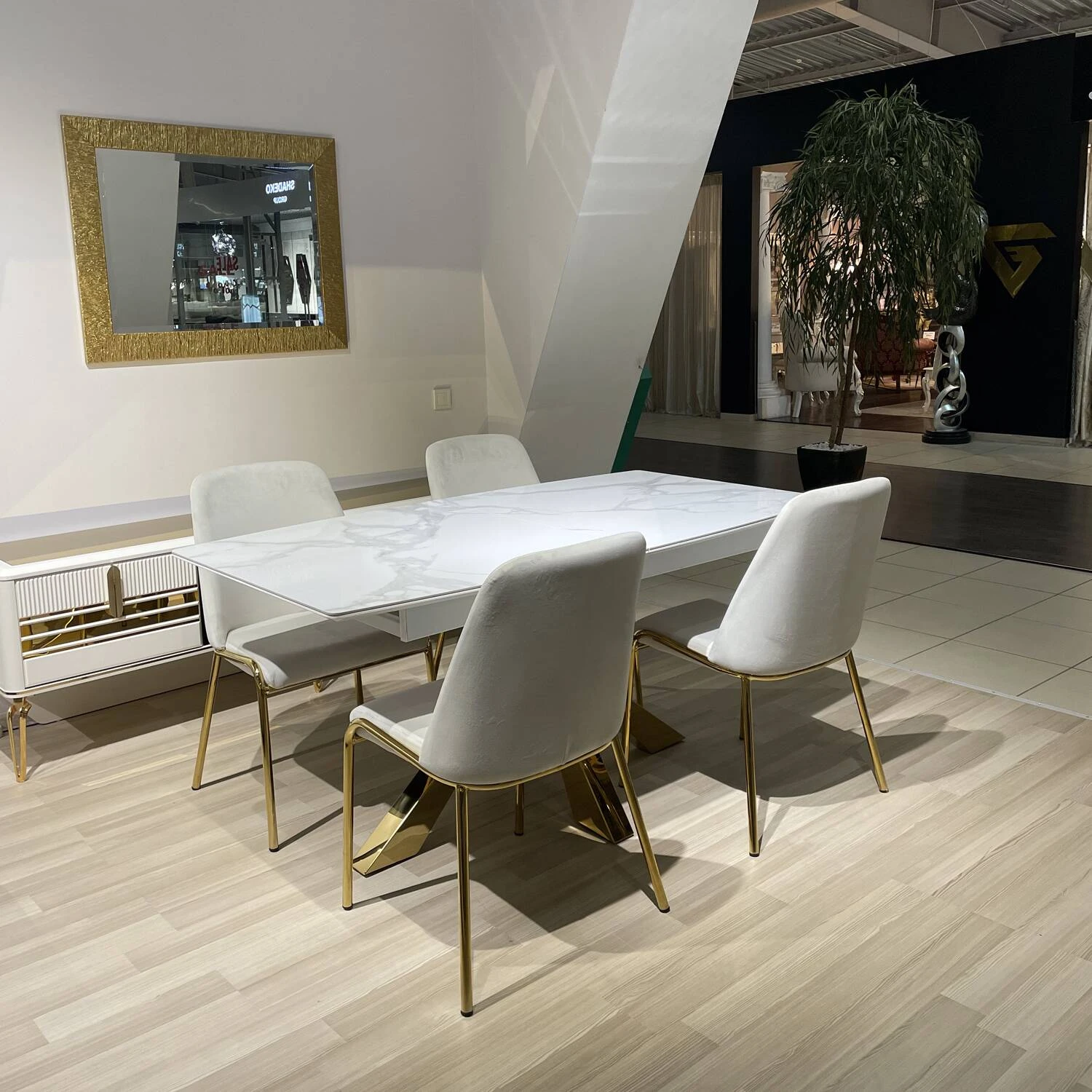Стіл обідній розкладний Barcelona білий глянець + золоті ноги 160-200x90x77