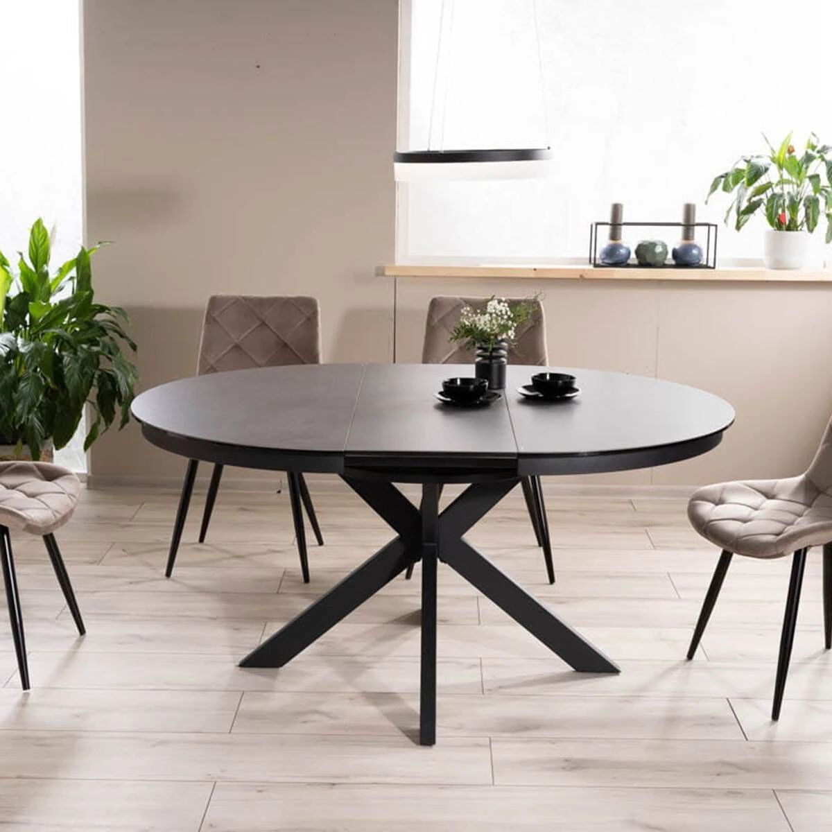 Стіл обідній розкладний Signal Porto Ceramic 120-160x120x76 тем.сірий ефект мармуру/чорний матовий