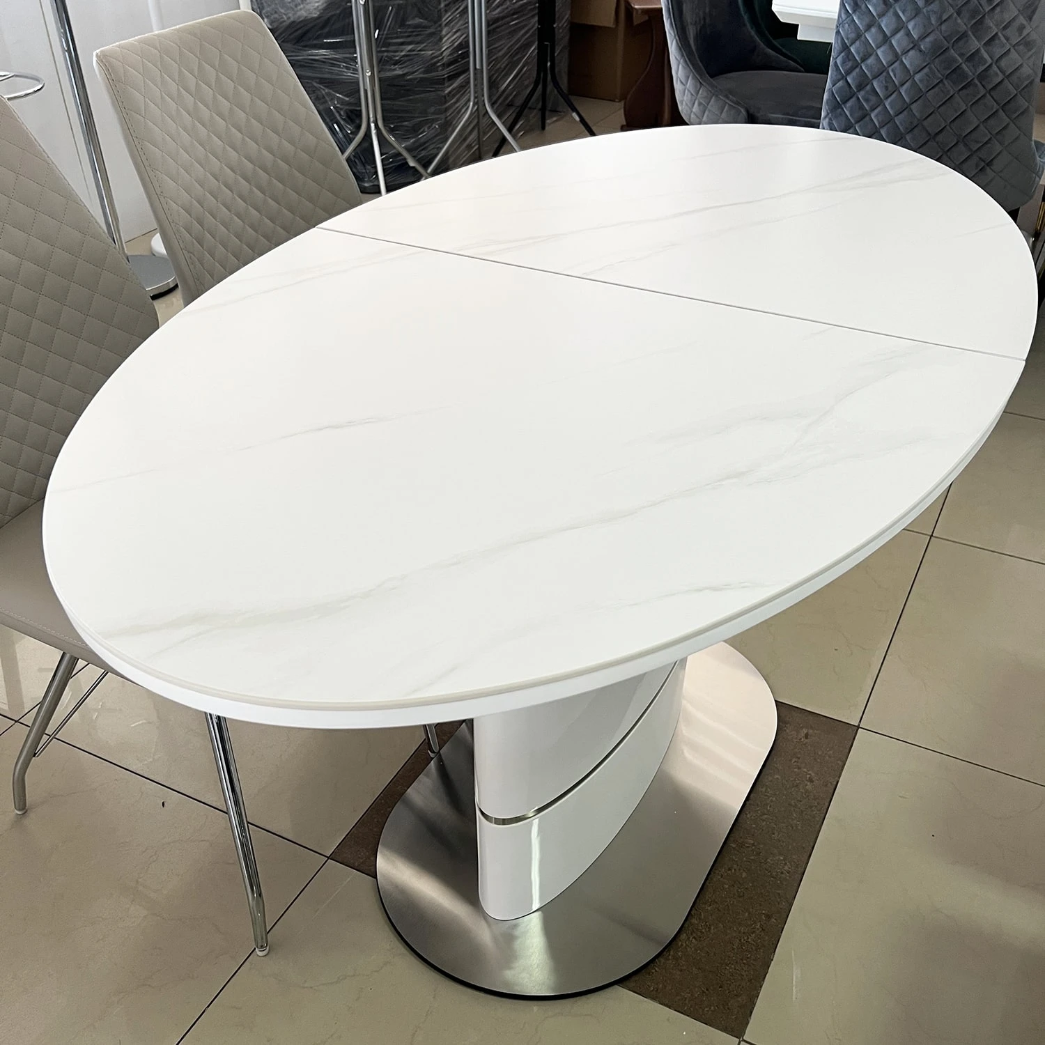 Стіл обідній розкладний Sanremo Ceramic 140-180x80x76 білий ефект мармуру/білий (кераміка+МДФ+метал)