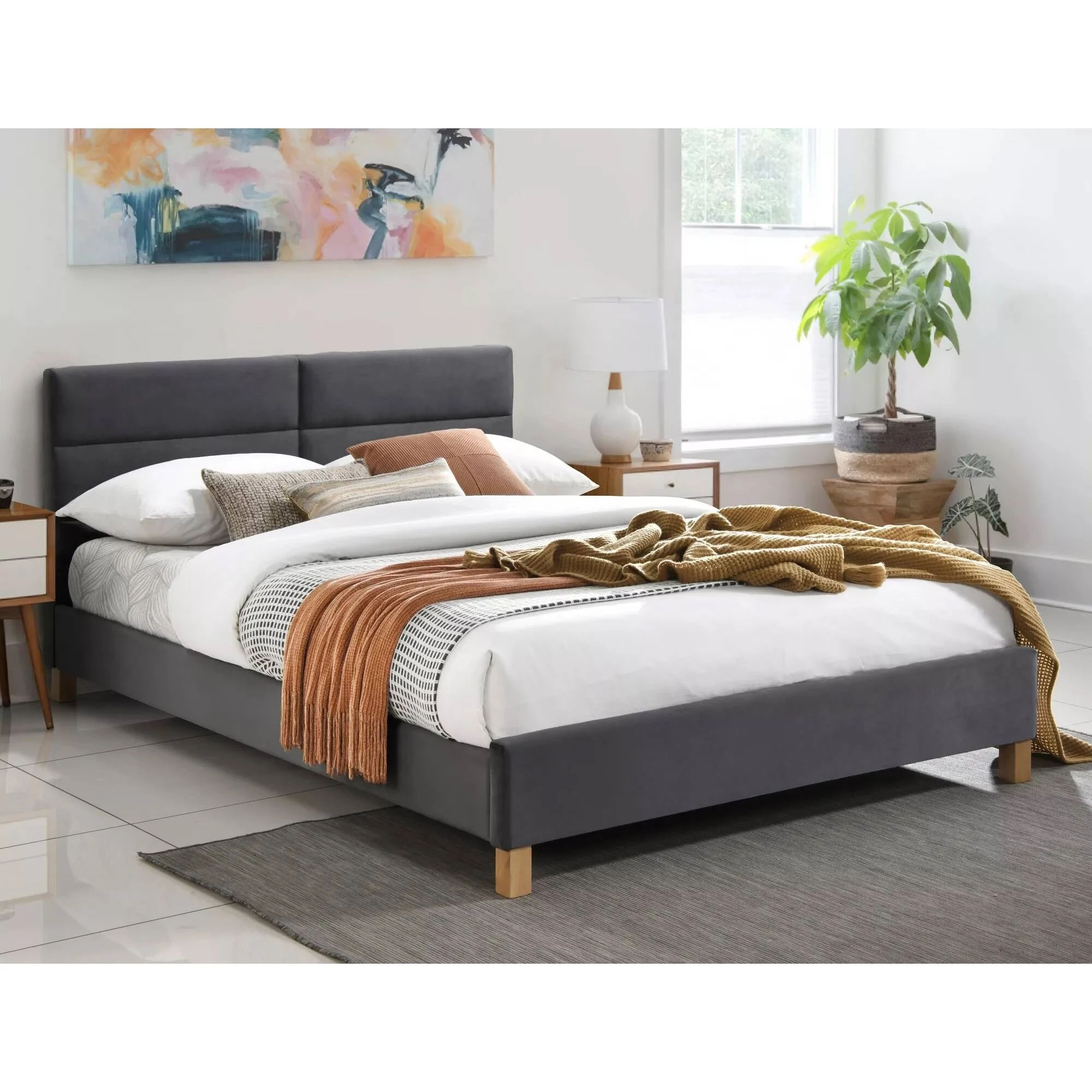 Ліжко двоспальне Signal SIERRA VELVET 140x200 Сірий / Дуб TAP. 150 SIERRAV140SZD