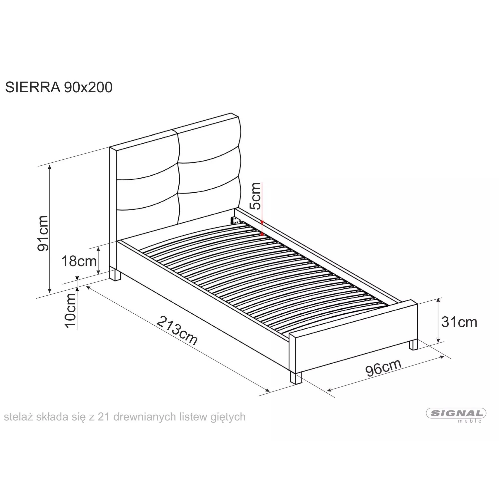 Ліжко односпальне Signal SIERRA VELVET 90x200 Сірий / Дуб TAP. 150 SIERRAV90SZD