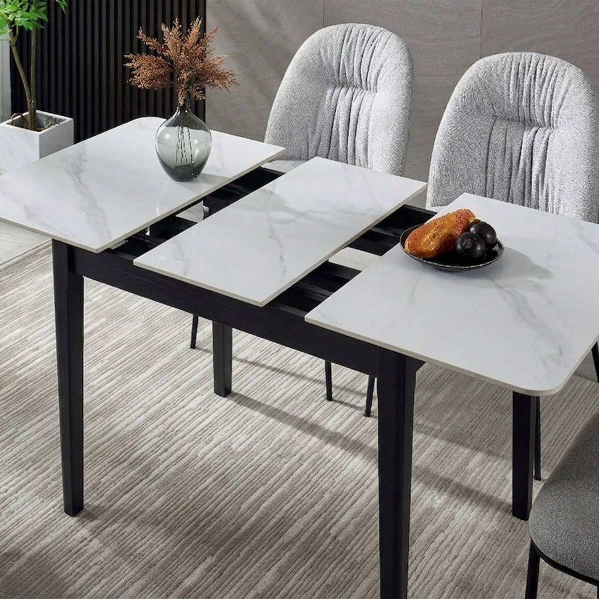 Стіл обідній розкладний Tallinn Ceramic 90-120x70x75 білий/чорний каркас